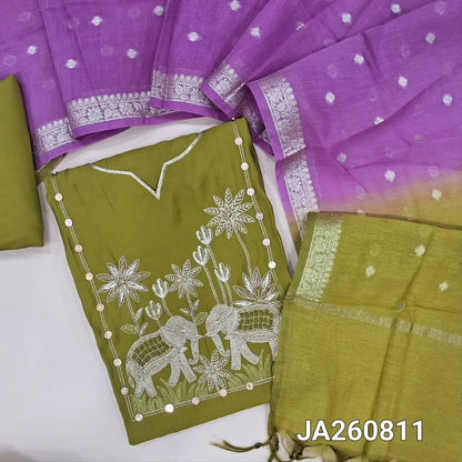 Designer mossy Green premium silk cotton unstitched salwar material (lining needed) bead, zardozi, sequins work on yoke, matching silk cotton bottom, dual shade zari buttas on silk cotton dupatta with borders (TAPING NEEDED). JA260811