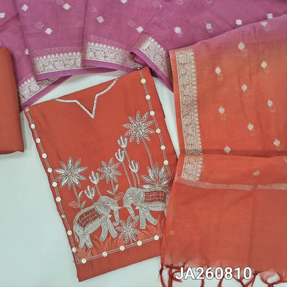 Designer rust Orange premium silk cotton unstitched salwar material (lining needed) bead, zardozi, sequins work on yoke, matching silk cotton bottom, dual shade zari buttas on silk cotton dupatta with borders (TAPING NEEDED). JA260810