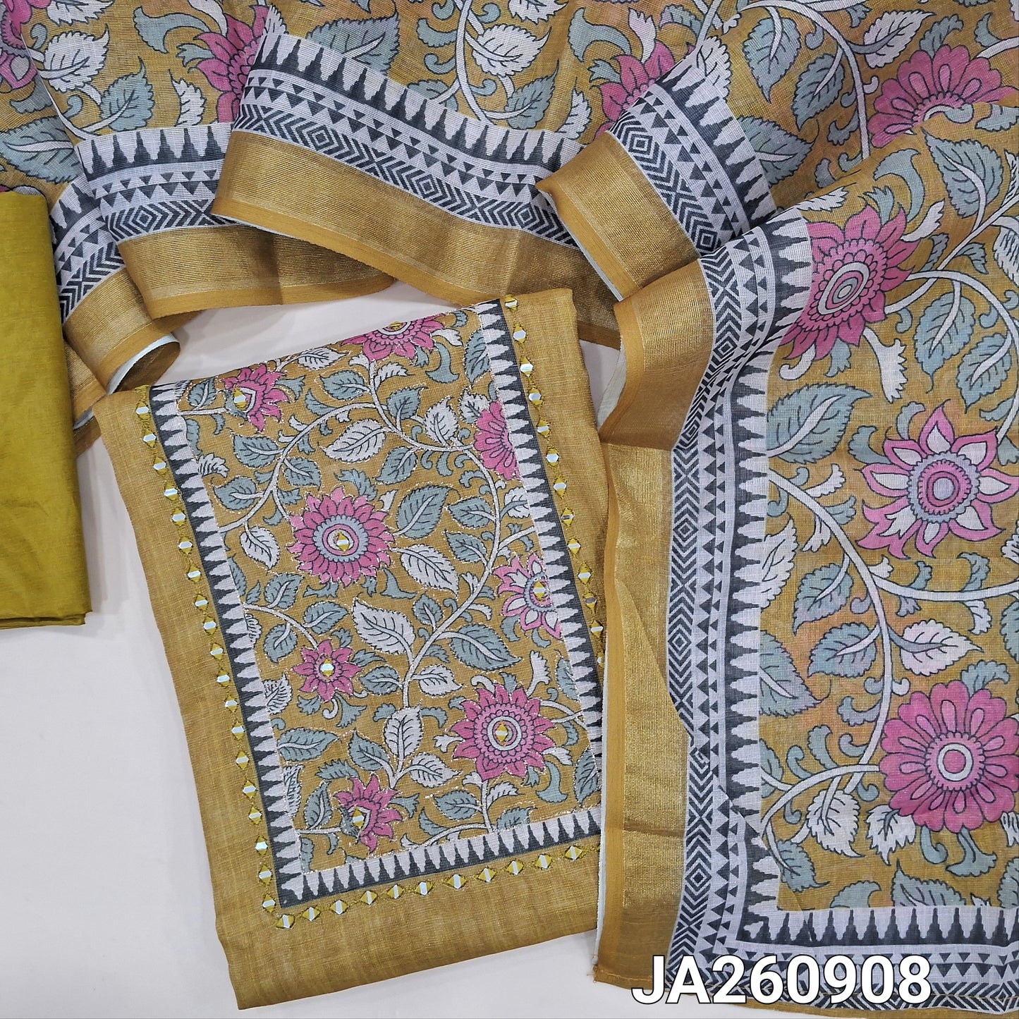 Mehandhi Green & golden tint tissue silk cotton unstitched salwar material (lining needed) floral print, real mirror work on yoke, matching silky bottom, floral printed tissue silk cotton dupatta (TAPING NEEDED). JA260908