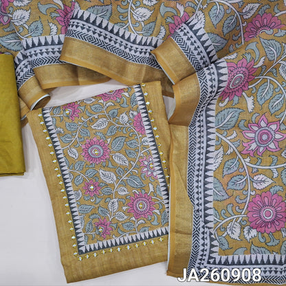 Mehandhi Green & golden tint tissue silk cotton unstitched salwar material (lining needed) floral print, real mirror work on yoke, matching silky bottom, floral printed tissue silk cotton dupatta (TAPING NEEDED). JA260908