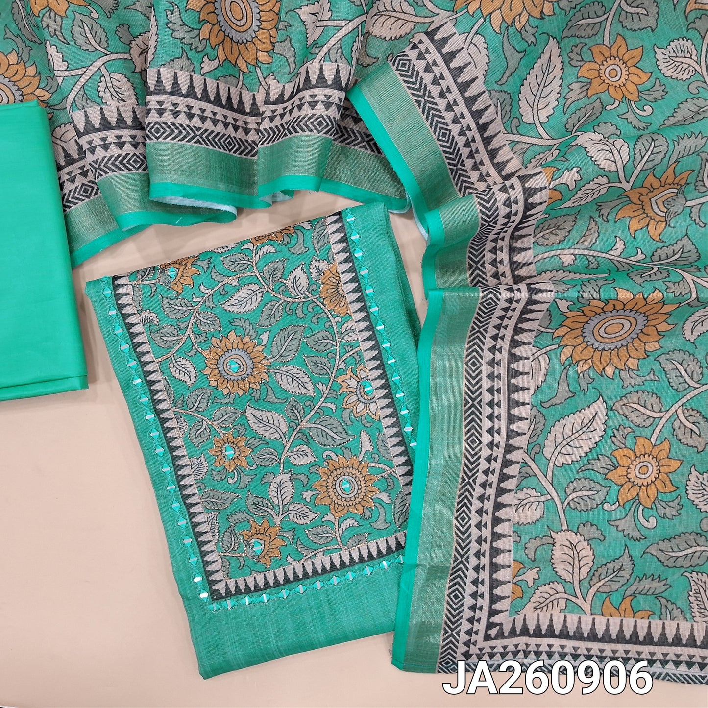 Pastel Blue & golden tint tissue silk cotton unstitched salwar material (lining needed) floral print, real mirror work on yoke, matching silky bottom, floral printed tissue silk cotton dupatta (TAPING NEEDED). JA260906