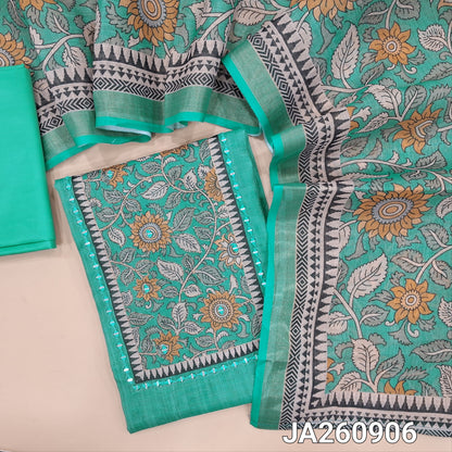 Pastel Blue & golden tint tissue silk cotton unstitched salwar material (lining needed) floral print, real mirror work on yoke, matching silky bottom, floral printed tissue silk cotton dupatta (TAPING NEEDED). JA260906