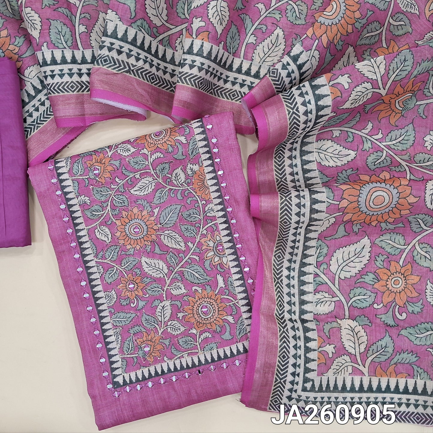 Purplish Pink & golden tint tissue silk cotton unstitched salwar material (lining needed) floral print, real mirror work on yoke, matching silky bottom, floral printed tissue silk cotton dupatta (TAPING NEEDED). JA260905