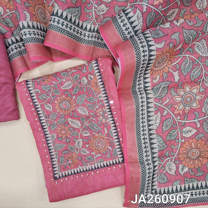 Bright Pink & golden tint tissue silk cotton unstitched salwar material (lining needed) floral print, real mirror work on yoke, matching silky bottom, floral printed tissue silk cotton dupatta (TAPING NEEDED). JA260907