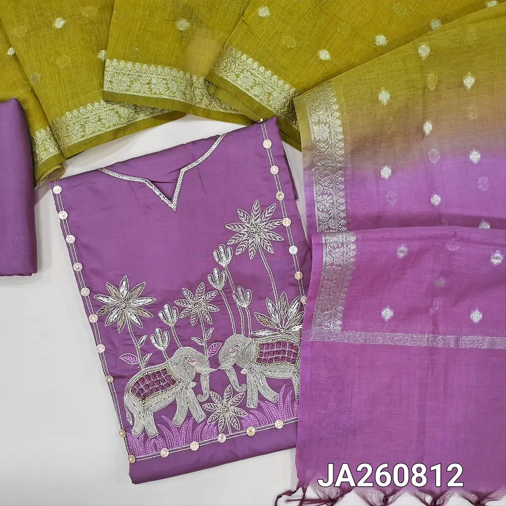 Designer Purple premium silk cotton unstitched salwar material (lining needed) bead, zardozi, sequins work on yoke, matching silk cotton bottom, dual shade zari buttas on silk cotton dupatta with borders (TAPING NEEDED). JA260812