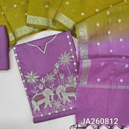Designer Purple premium silk cotton unstitched salwar material (lining needed) bead, zardozi, sequins work on yoke, matching silk cotton bottom, dual shade zari buttas on silk cotton dupatta with borders (TAPING NEEDED). JA260812