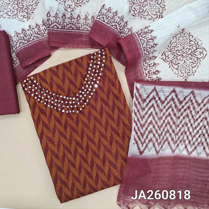 Ikat woven dark Maroon & orange south handloom cotton unstitched salwar material (lining needed) thread, faux mirror work on yoke, matching cotton bottom, block printed fancy kota silk cotton dupatta.JA260818