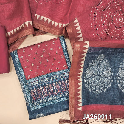 Mughal printed dark Blueish Grey jakard silk cotton unstitched salwar material (lining needed) embroidery, reddish maroon patch work on yoke, reddish maroon silk cotton bottom, kantha stitch silk cotton dupatta printed pallu with tassels. JA260911