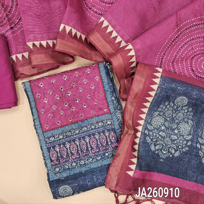 Mughal printed dark Blueish Grey jakard silk cotton unstitched salwar material (lining needed) embroidery, dark pink patch work on yoke, dark pink silk cotton bottom, kantha stitch silk cotton dupatta printed pallu with tassels. JA260910