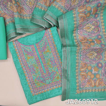 Printed pastel Blue semi linen unstitched salwar material, embroidered on yoke(lining needed) matching cotton bottom, digital colorful printed semi linen dupatta with tissue borders. JA260912