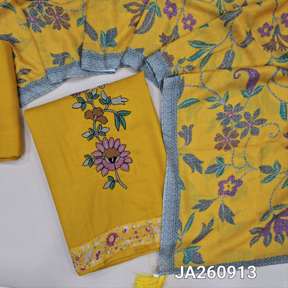 Mehandhi Yellow liquid fabric unstitched salwar material, embroidered on front(lining needed)matching liquid fabric bottom, digital printed soft mixed cotton dupatta. JA260913