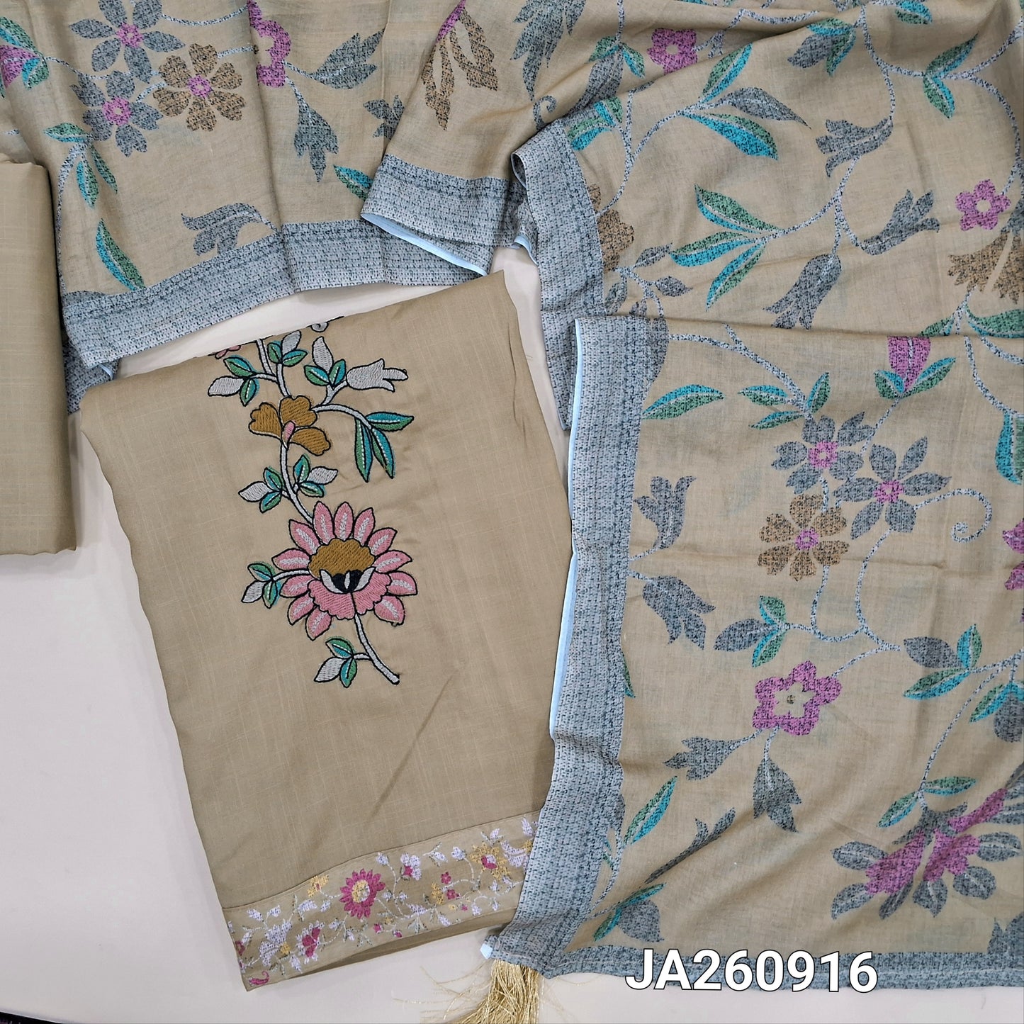 Dark Beige liquid fabric unstitched salwar material, embroidered on front(lining needed)matching liquid fabric bottom, digital printed soft mixed cotton dupatta. JA260916