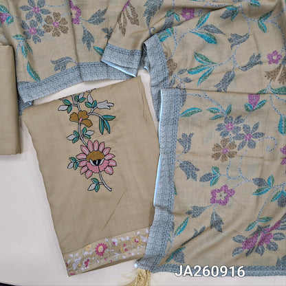 Dark Beige liquid fabric unstitched salwar material, embroidered on front(lining needed)matching liquid fabric bottom, digital printed soft mixed cotton dupatta. JA260916