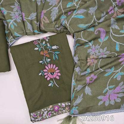 Dark olive Green liquid fabric unstitched salwar material, embroidered on front(lining needed)matching liquid fabric bottom, digital printed soft mixed cotton dupatta. JA260915