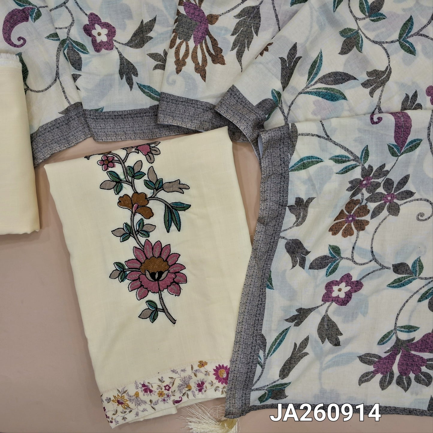 Half White liquid fabric unstitched salwar material, embroidered on front(lining needed)matching liquid fabric bottom, digital printed soft mixed cotton dupatta. JA260914