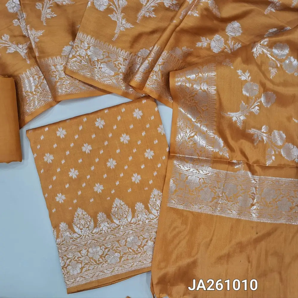 Premium Benaras woven mehandhi Yellow soft silk cotton unstitched salwar material (lining needed) rich daman, matching silky bottom, benaras woven soft silk cotton dupatta with tassels. JA261010