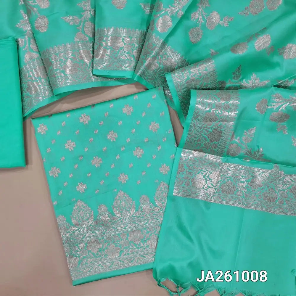 Premium Benaras woven light turquoise Blue soft silk cotton unstitched salwar material (lining needed) rich daman, matching silky bottom, benaras woven soft silk cotton dupatta with tassels. JA2610108