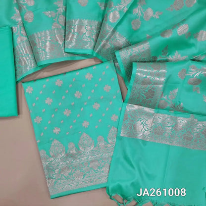 Premium Benaras woven light turquoise Blue soft silk cotton unstitched salwar material (lining needed) rich daman, matching silky bottom, benaras woven soft silk cotton dupatta with tassels. JA2610108
