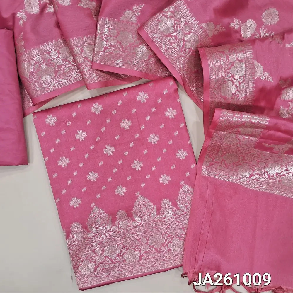 Premium Benaras woven bright Pink soft silk cotton unstitched salwar material (lining needed) rich daman, matching silky bottom, benaras woven soft silk cotton dupatta with tassels. JA2610109