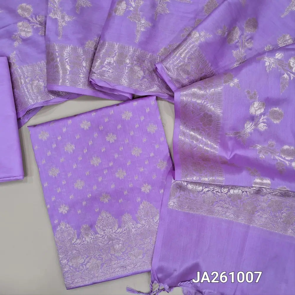 Premium Benaras woven Lavender soft silk cotton unstitched salwar material (lining needed) rich daman, matching silky bottom, benaras woven soft silk cotton dupatta with tassels. JA2610107