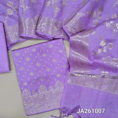 Premium Benaras woven Lavender soft silk cotton unstitched salwar material (lining needed) rich daman, matching silky bottom, benaras woven soft silk cotton dupatta with tassels. JA2610107