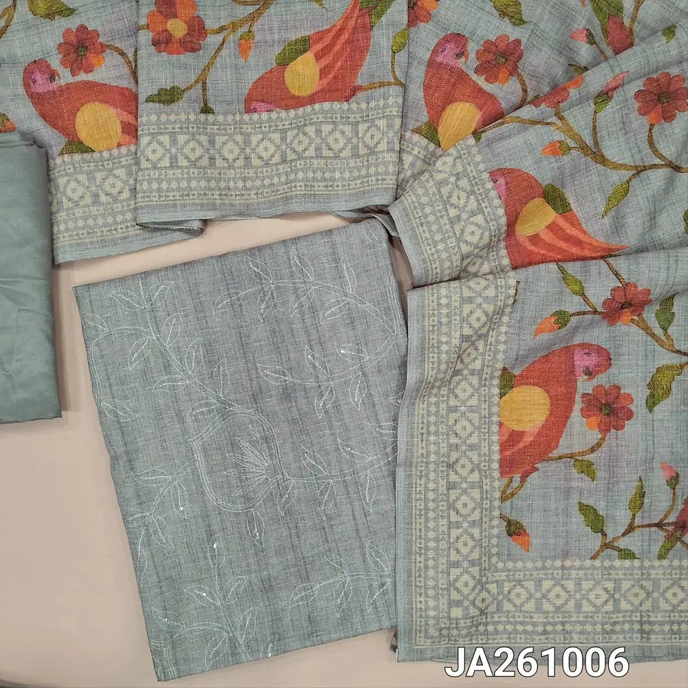 Light Grey soft silk cotton unstitched salwar material (lining needed) self embroidery and sequins work on front, matching silky bottom, digital bird, floral printed silk cotton dupatta with borders. JA261006