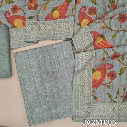Light Grey soft silk cotton unstitched salwar material (lining needed) self embroidery and sequins work on front, matching silky bottom, digital bird, floral printed silk cotton dupatta with borders. JA261006