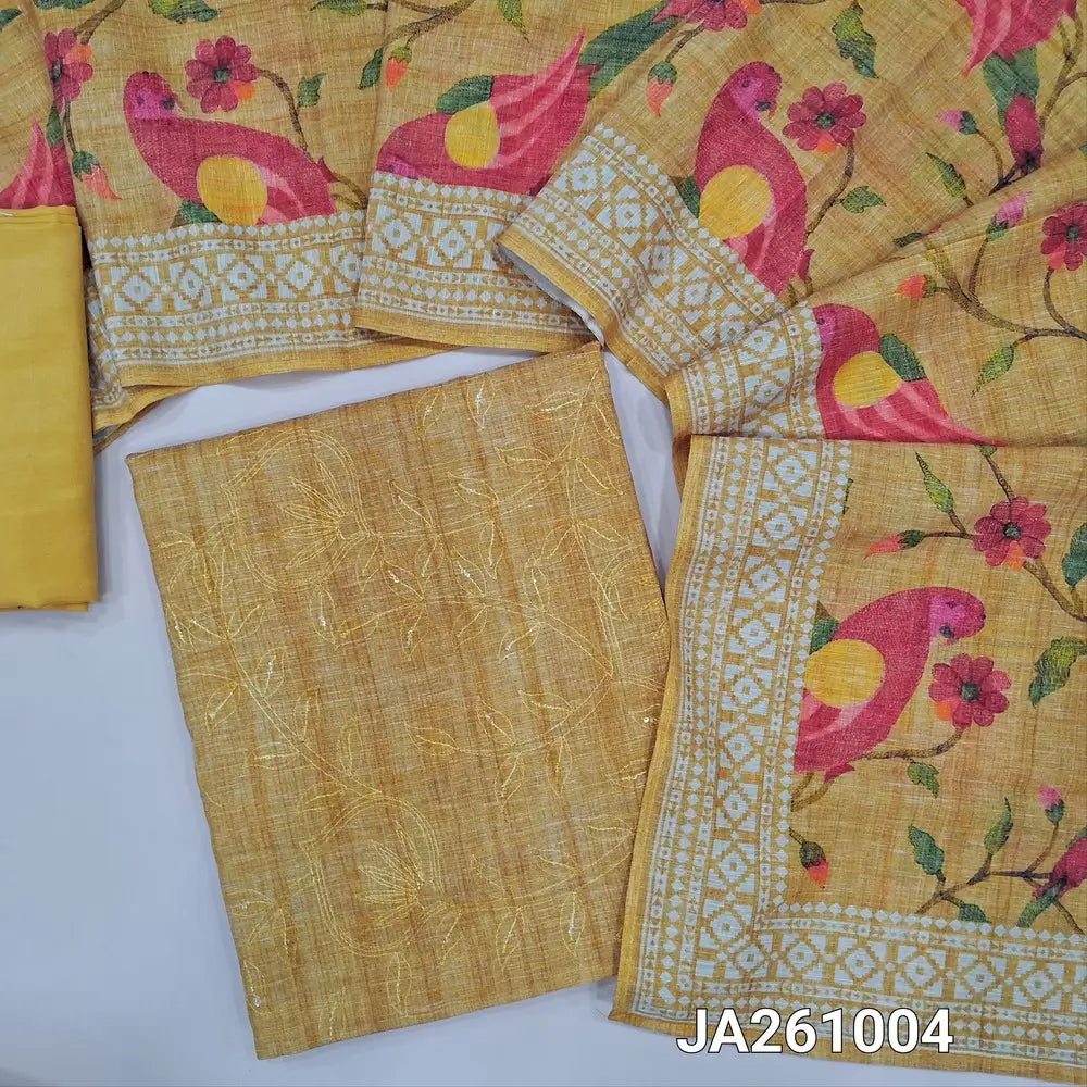 Light mehandhi Yellow soft silk cotton unstitched salwar material (lining needed) self embroidery and sequins work on front, matching silky bottom, digital bird, floral printed silk cotton dupatta with borders. JA261005