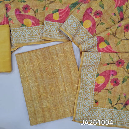 Light mehandhi Yellow soft silk cotton unstitched salwar material (lining needed) self embroidery and sequins work on front, matching silky bottom, digital bird, floral printed silk cotton dupatta with borders. JA261005
