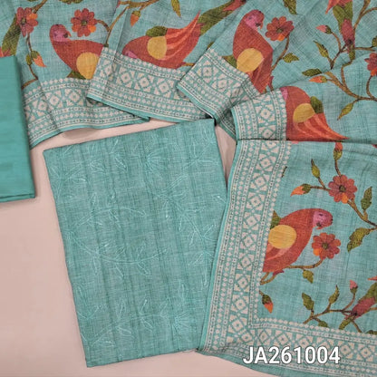 Light Blueish Grey soft silk cotton unstitched salwar material (lining needed) self embroidery and sequins work on front, matching silky bottom, digital bird, floral printed silk cotton dupatta with borders. JA261004