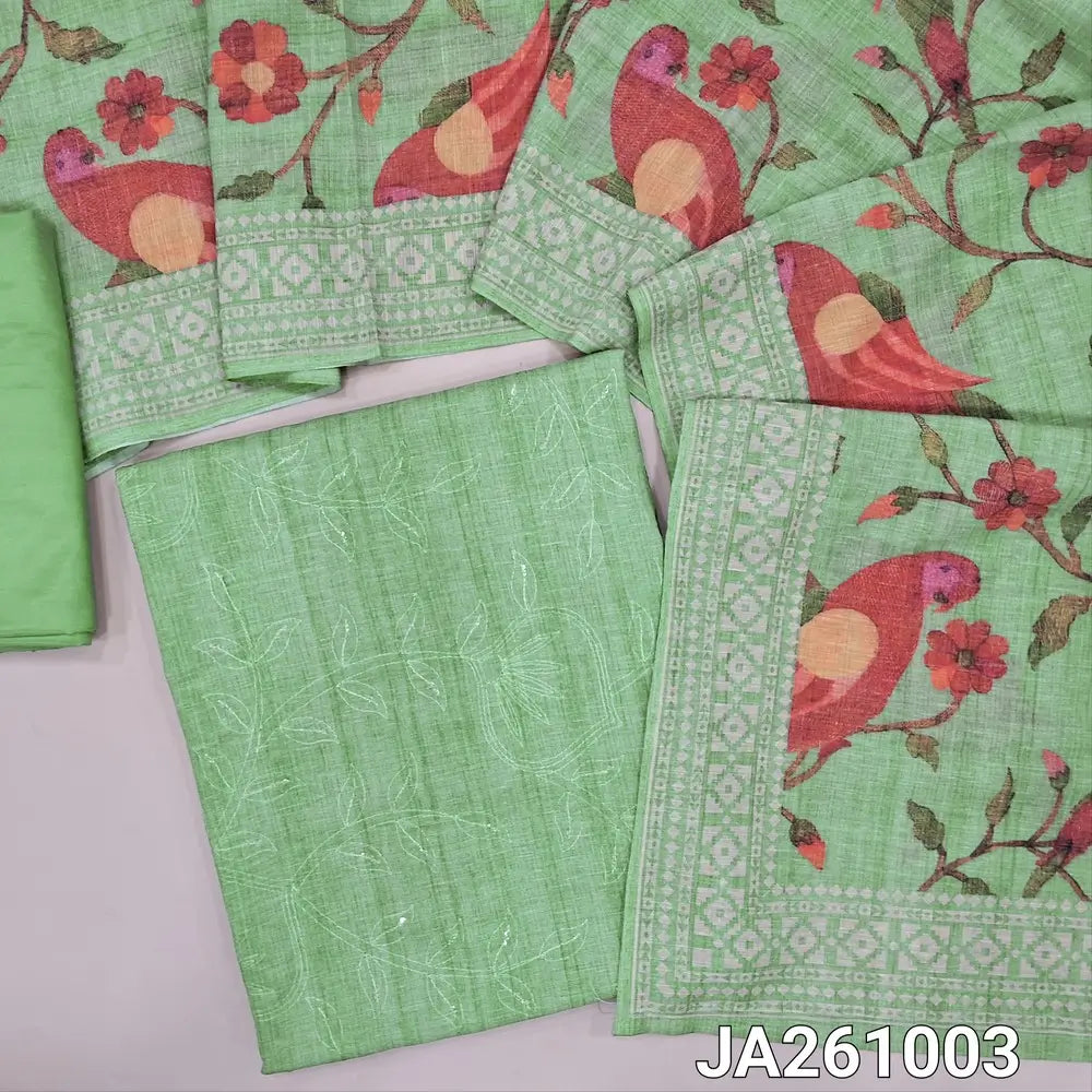 Pastel Green soft silk cotton unstitched salwar material (lining needed) self embroidery and sequins work on front, matching silky bottom, digital bird, floral printed silk cotton dupatta with borders. JA261003