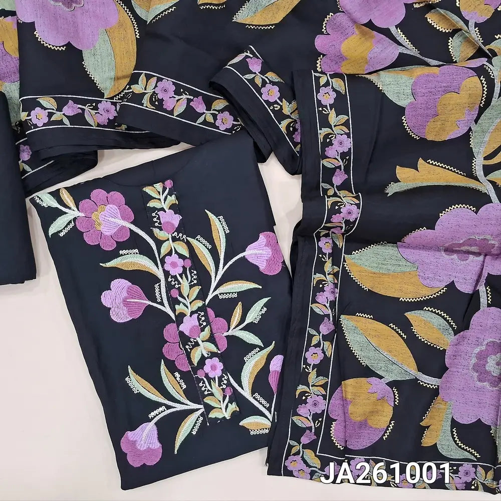 Designer Black premium soft silk cotton unstitched salwar material (lining needed) colorful embroidery work on  yoke & daman, matching santoon bottom, digital printed premium silk cotton dupatta.JA261002