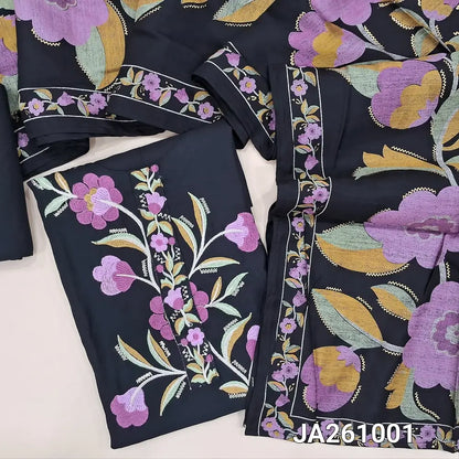 Designer Black premium soft silk cotton unstitched salwar material (lining needed) colorful embroidery work on  yoke & daman, matching santoon bottom, digital printed premium silk cotton dupatta.JA261002