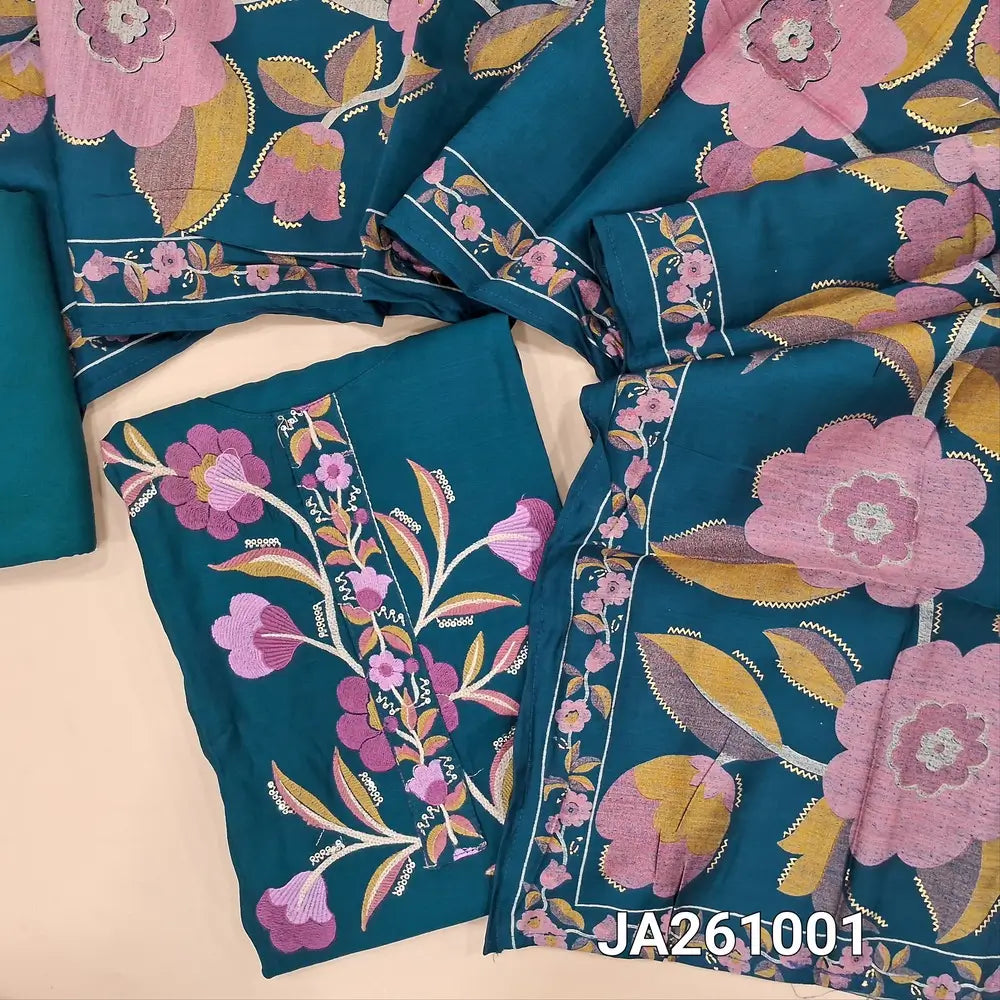 Designer dark Teal Blue premium soft silk cotton unstitched salwar material (lining needed) colorful embroidery work on  yoke & daman, matching santoon bottom, digital printed premium silk cotton dupatta.JA261001
