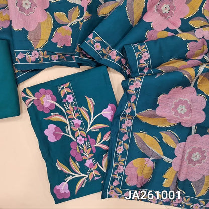 Designer dark Teal Blue premium soft silk cotton unstitched salwar material (lining needed) colorful embroidery work on  yoke & daman, matching santoon bottom, digital printed premium silk cotton dupatta.JA261001