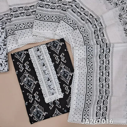 Printed Black soft cotton unstitched salwar material, (lining optional) real mirror, lace work on yoke, printed cotton bottom, printed cotton dupatta with lace tapings. JA261016