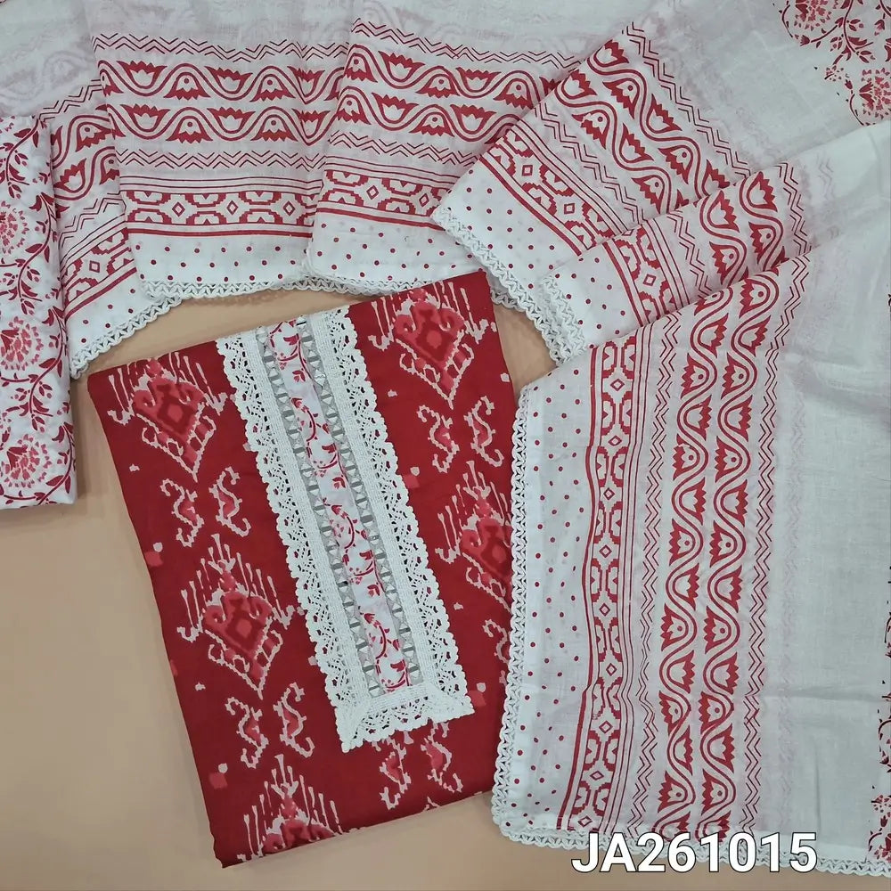 Printed Reddish Maroon soft cotton unstitched salwar material, (lining optional) real mirror, lace work on yoke, printed cotton bottom, printed cotton dupatta with lace tapings. JA261015