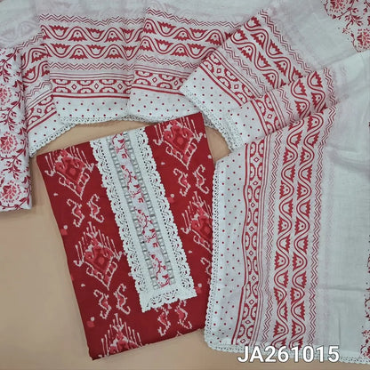 Printed Reddish Maroon soft cotton unstitched salwar material, (lining optional) real mirror, lace work on yoke, printed cotton bottom, printed cotton dupatta with lace tapings. JA261015