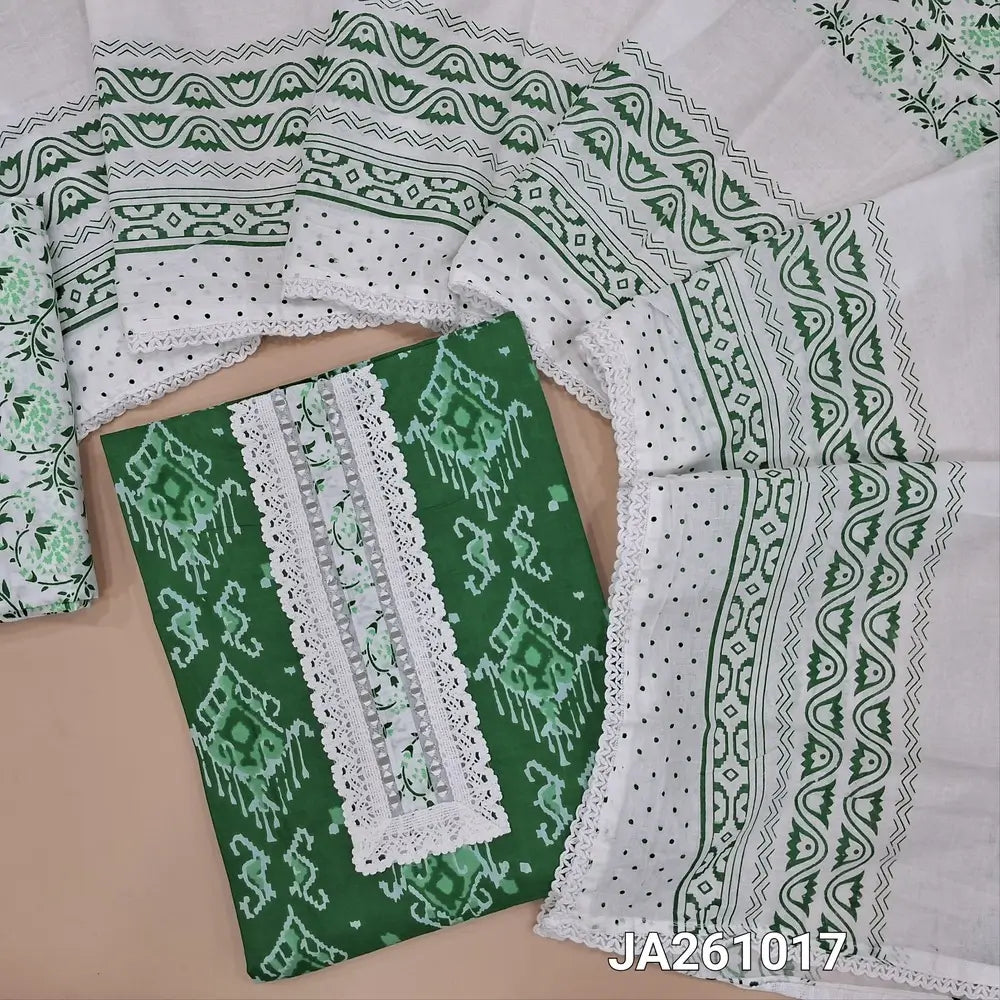 Printed dark Green soft cotton unstitched salwar material, (lining optional) real mirror, lace work on yoke, printed cotton bottom, printed cotton dupatta with lace tapings. JA261017