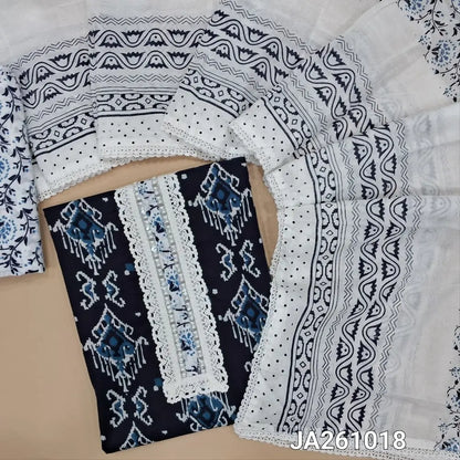 Printed dark Blue soft cotton unstitched salwar material, (lining optional) real mirror, lace work on yoke, printed cotton bottom, printed cotton dupatta with lace tapings. JA261018