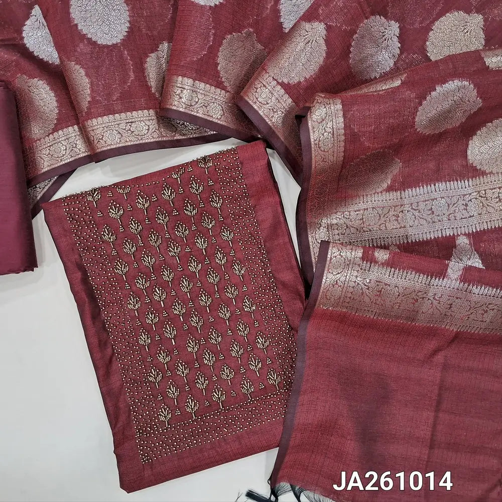 Premium dark Maroon silk cotton unstitched salwar material, (lining needed) sugar bead, cut bead work on yoke, matching silk cotton bottom, gold & silver zari buttas on silk cotton dupatta with tassels. JA261014