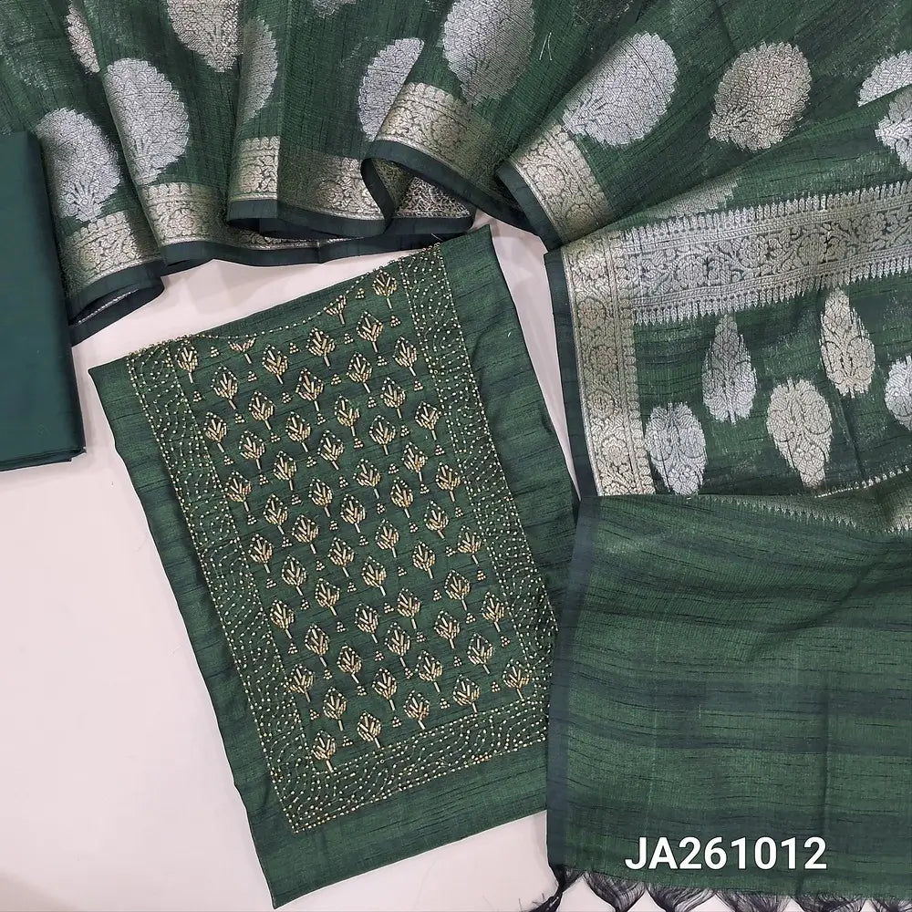 Premium bottle Green silk cotton unstitched salwar material, (lining needed) sugar bead, cut bead work on yoke, matching silk cotton bottom, gold & silver zari buttas on silk cotton dupatta with tassels. JA261012