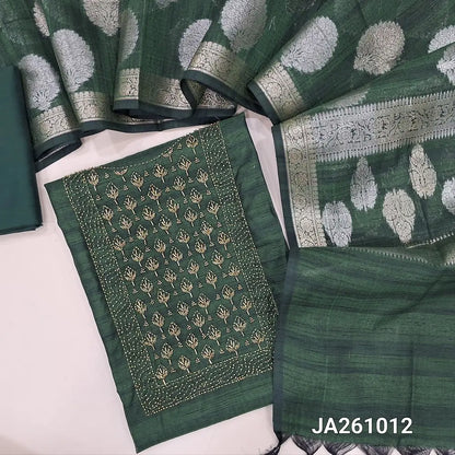 Premium bottle Green silk cotton unstitched salwar material, (lining needed) sugar bead, cut bead work on yoke, matching silk cotton bottom, gold & silver zari buttas on silk cotton dupatta with tassels. JA261012