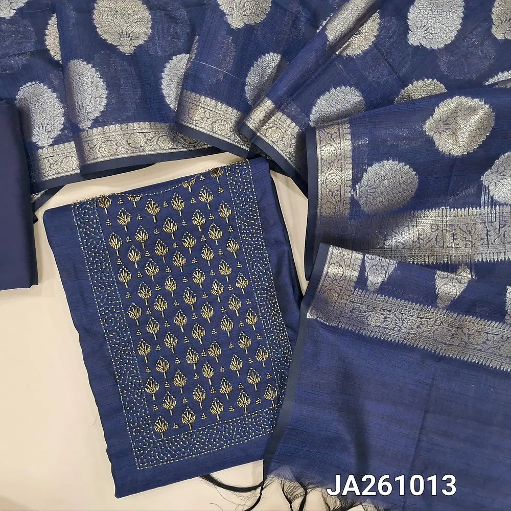 Premium dark Blue silk cotton unstitched salwar material, (lining needed) sugar bead, cut bead work on yoke, matching silk cotton bottom, gold & silver zari buttas on silk cotton dupatta with tassels. JA261013