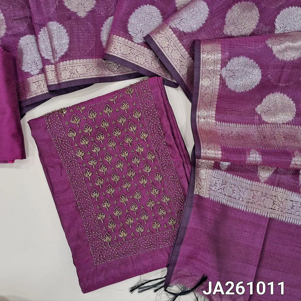Premium beetroot Purple silk cotton unstitched salwar material, (lining needed) sugar bead, cut bead work on yoke, matching silk cotton bottom, gold & silver zari buttas on silk cotton dupatta with tassels. JA261011