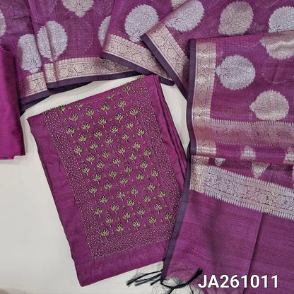 Premium beetroot Purple silk cotton unstitched salwar material, (lining needed) sugar bead, cut bead work on yoke, matching silk cotton bottom, gold & silver zari buttas on silk cotton dupatta with tassels. JA261011
