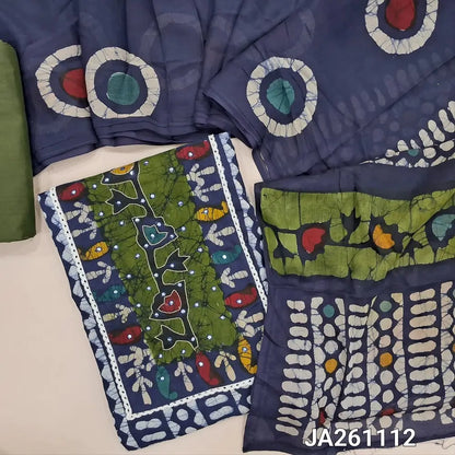 Blue original wax batik design pure cotton unstitched salwar material (lining optional) faux mirror on yoke, mossy green cotton bottom,  wax batik dyed mul cotton full length dupatta(TAPING NEEDED). JA261112