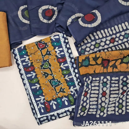 Blue original wax batik design pure cotton unstitched salwar material (lining optional) faux mirror on yoke, mehandhi yellow cotton bottom, wax batik dyed mul cotton full length dupatta(TAPING NEEDED). JA261111