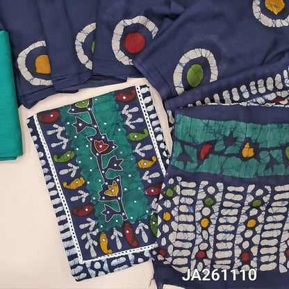 Blue original wax batik design pure cotton unstitched salwar material (lining optional) faux mirror on yoke, teal green cotton bottom, wax batik dyed mul cotton full length dupatta(TAPING NEEDED). JA261110