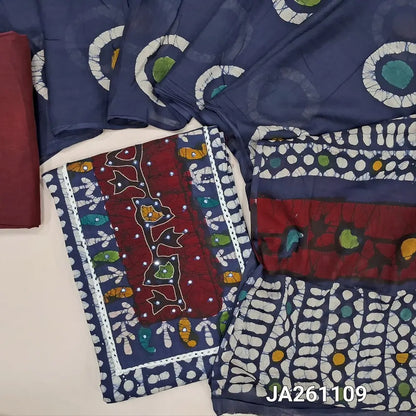 Blue original wax batik design pure cotton unstitched salwar material (lining optional) faux mirror on yoke, maron cotton bottom, wax batik dyed mul cotton full length dupatta(TAPING NEEDED). JA261109